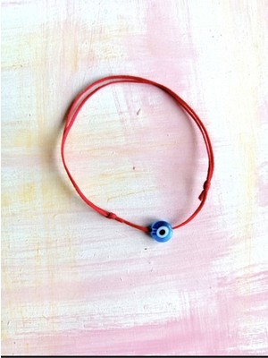 Cam Nazar Boncuklu Kırmızı Ip Bileklik - Açık Mavi