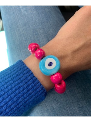 Nazar Boncuklu Ahşap Pembe Bileklik