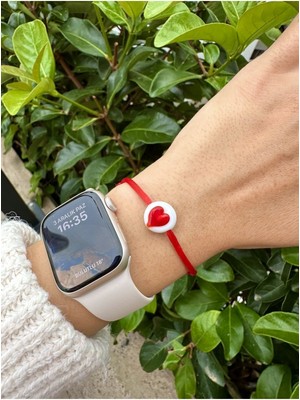 Murano Cam Beyaz Boncuk Kırmızı Kalp Kırmızı Ip Bileklik