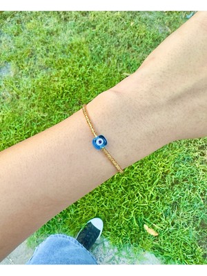 Mavi Cam Nazar Boncuklu Altın Renk Bileklik