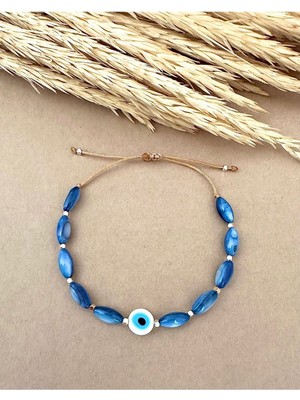 Cam Nazar Boncuklu Sedef Mavi Doğaltaş Bileklik