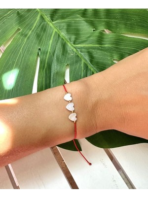 Beyaz Sedef 3 Kalp Kırmızı Bileklik