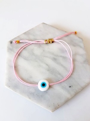 Beyaz Cam Nazar Boncuklu Toz Pembe Ip Bileklik