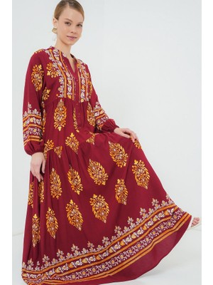 La Mode Istanbul 2423 Otantik Desenli Tesettür Elbise - E. Bordo