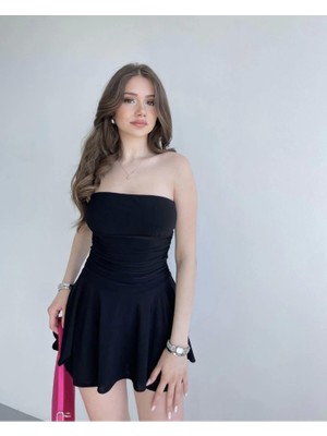 AKN Butik Straplez Sandy Kumaş Şortlu Prenses Etek Mini Klos Elbise- Siyah
