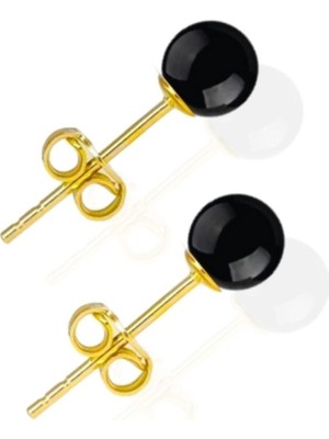 925 Ayar Gümüş Gold Kaplama Siyah Oniks Taşlı Minimal Küpe