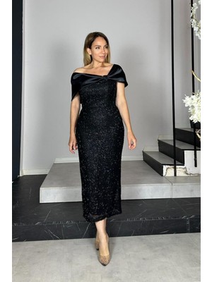 G1411 Saten Yaka Detaylı Tasarım Abiye Elbise Siyah