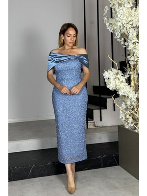 G1411 Saten Yaka Detaylı Tasarım Abiye Elbise Indigo