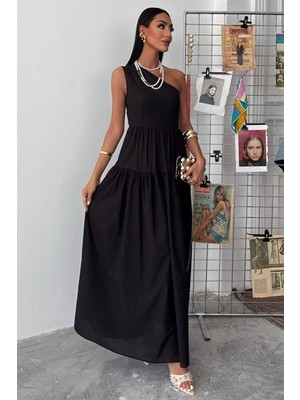 Alinn Butikk Tek Omuzlu Pile Detay Maxi Elbise 2895