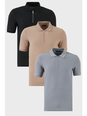 Buratti Pamuklu Regular Fit Yarım Fermuarlı 3'lü Paket Polo Yaka T Shirt Erkek Polo Yaka T Shirt 5902434S3