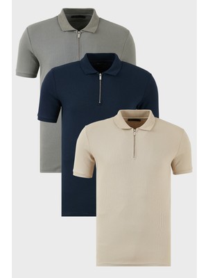 Buratti Pamuklu Regular Fit Yarım Fermuarlı 3'lü Paket Polo Yaka T Shirt Erkek Polo Yaka T Shirt 5902738S3