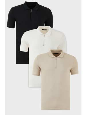 Buratti Pamuklu Regular Fit Yarım Fermuarlı 3'lü Paket Polo Yaka T Shirt Erkek Polo Yaka T Shirt 5902738S3