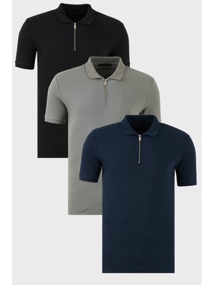 Buratti Pamuklu Regular Fit Yarım Fermuarlı 3'lü Paket Polo Yaka T Shirt Erkek Polo Yaka T Shirt 5902738S3