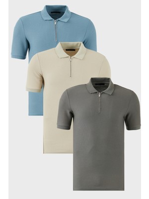 Buratti Pamuklu Regular Fit Yarım Fermuarlı 3'lü Paket Polo Yaka T Shirt Erkek Polo Yaka T Shirt 5902434S3