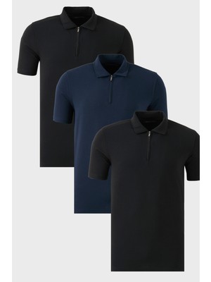 Buratti Streç Pamuklu Regular Fit Yarım Fermuarlı 3'lü Paket Polo Yaka T Shirt Erkek Polo Yaka T Shirt 5902972S3