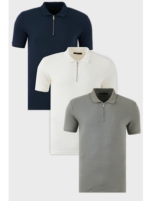 Buratti Pamuklu Regular Fit Yarım Fermuarlı 3'lü Paket Polo Yaka T Shirt Erkek Polo Yaka T Shirt 5902738S3