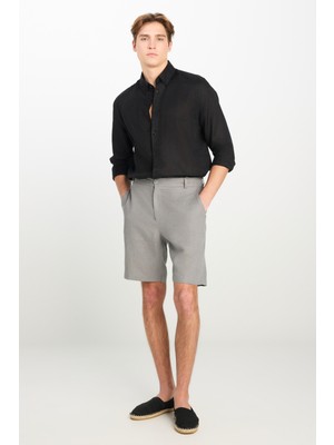 %100 Keten Regular Fit Normal Kesim Lastik Bel Detaylı Koyu Gri Şort