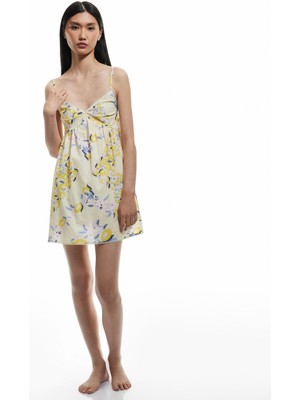 Koton Çiçekli Limon Baskılı V Yaka Pamuklu Askılı Mini Gecelik