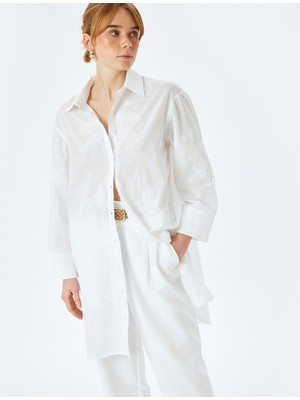 Koton Pamuklu Floral Işleme Detaylı 3/4 Kol Gömlek Yaka Uzun Oversize Tunik