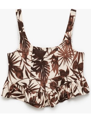 Koton Viskon ve Keten Karışımlı Kare Yaka Desenli Askılı Crop Bluz