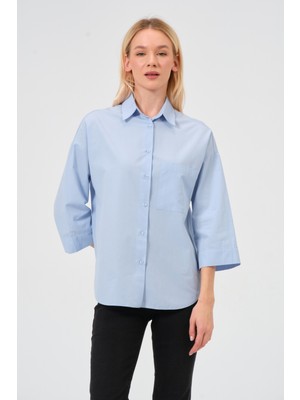 Truvakar Kol %100 Pamuk Poplin Oversize Gömlek Mavi