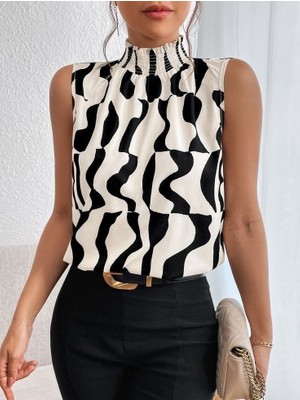 Nidam Butik Kadın Kolsuz Balıkçı Yaka Desenli Süprem Bluz