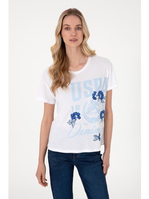 U.S. Polo Assn. Kadın Beyaz Desenli Bisiklet Yaka Tişört 50299670-VR013