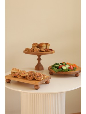 Justwood 3'lü 29/17 cm Mummy, 29 cm Risus ve 17X30 cm Risus Ahşap Ayaklı Pasta Kurabiye Sunum Servis Tabağı
