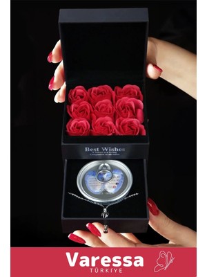 Premium Özel Hediye Sevgili Anne Arkadaş Kırmızı Gül Dolu Çekmeceli Kutu Istiridye Inci Kolye Seti