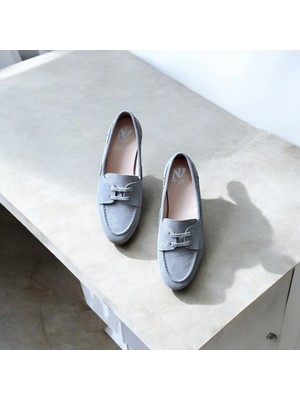 Neve Shoes Gri Süet  Deri Kadın Bağcıklı Loafer Ayakkabı