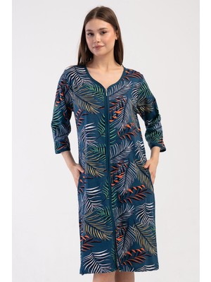 Kadın Büyük Beden Kapri Kol Fermuarlı Petrol Ev Elbisesi C9T6N0O014