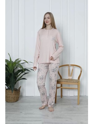 Freshness Kadın Bisiklet Yaka Desenli Pudra Pijama Takım