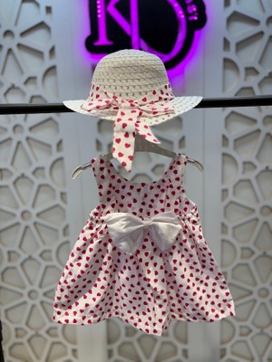 Baskılı Fiyonklu Elbise Hasır Şapka Takım Kız Çocuk