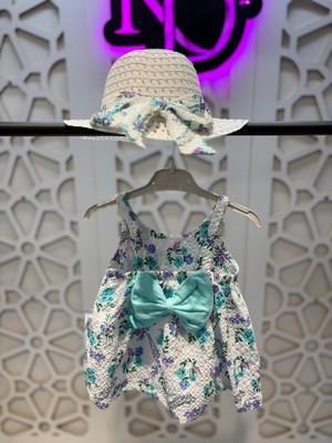 Baskılı Fiyonklu Elbise Hasır Şapka Takım Kız Çocuk