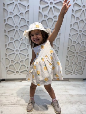 Baskılı Fiyonklu Elbise Hasır Şapka Takım Kız Çocuk