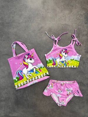 Kızçocuk Unıcorn Baskılı Çantalı Bikini Takımı