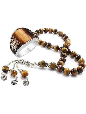 925 Ayar Gümüş Kaplan Gözü Taşlı Yüzük ve Tesbih Kombinimiz