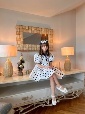 Özel Tasarım, Puantiyeli, Balon Kollu, Düğme Detaylı, Saç Aksesuarlı Kız Çocuk ELBISE_M2451