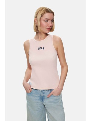 Ucla SALINAS Toz Pembe Sıfır Kol Nakışlı %100 Pamuk Standard Fit Kadın Tshirt