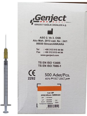 Genject - 1 ml 3p 25G Turuncu 25MM Aşı Insülin Enjektörü - 500 Adet