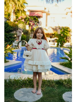 Özel Tasarım, Dantel Detaylı, Çanta Aksesuarlı, Kat Kat Etekli Kız Çocuk ELBISE_M2408