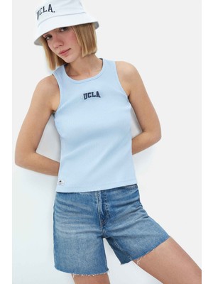 Ucla SALINAS Gök Mavisi Sıfır Kol Nakışlı %100 Pamuk Standard Fit Kadın Tshirt