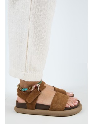 Manijero Bronx Kadın Hakiki Deri Atkılı Cırtlı Taba Sandalet