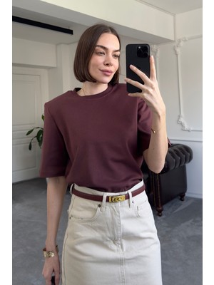 Omuz Vatkalı Premium Tshirt- Acı Kahve