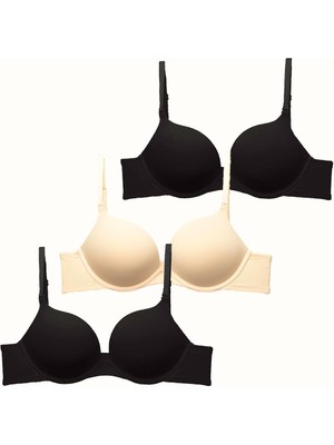 3'lü Paket Double Push Up Yumuşak Kaplı Örme Sütyen C37030 Siyah/ten