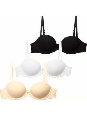 3'lü Paket Double Push Up Straplez Yumuşak Kaplı Örme Sütyen C37040 Siyah/beyaz/ten