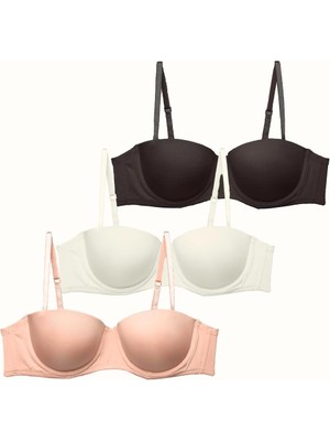 3'lü Paket Push Up Straplez Yumuşak Kaplı Örme Sütyen C38025 Siyah/beyaz/ten