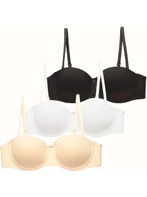 3'lü Paket Dolgusuz Straplez Yumuşak Kaplı Örme Sütyen C37050 Siyah/beyaz/ten