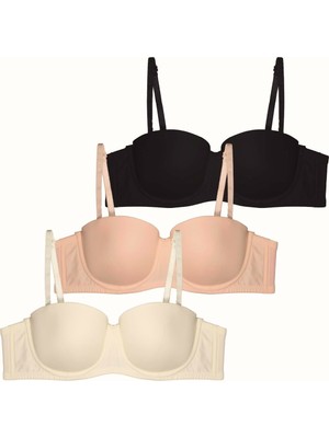 3'lü Paket Dolgusuz Straplez Yumuşak Kaplı Örme Sütyen C38020 Siyah/beyaz/ten