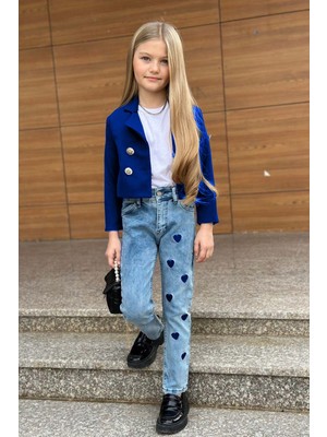 Kız Çocuk Gümüş Düğme Detaylı Lacivert Blazer Ceket Kalp Detaylı Jean Pantolon Alt Üst Takım 2251205017